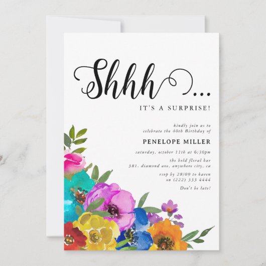 ブライト&はっきりした花模様シーサプライズ誕生日 招待状 (正面)