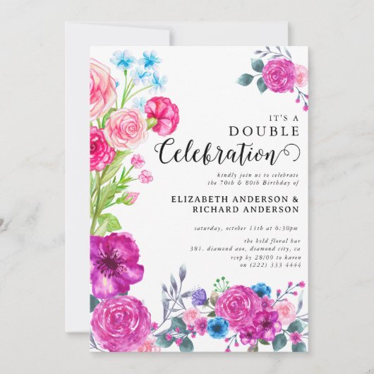 ブライト&はっきりした花模様ダブルお祝い誕生日 招待状 (正面)