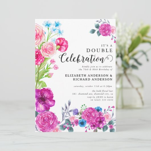 ブライト&はっきりした花模様ダブルお祝い誕生日 招待状 (スタンド正面)