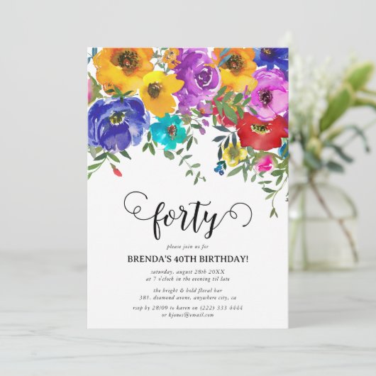 ブライト&はっきりした花模様40歳の誕生日 招待状 (スタンド正面)