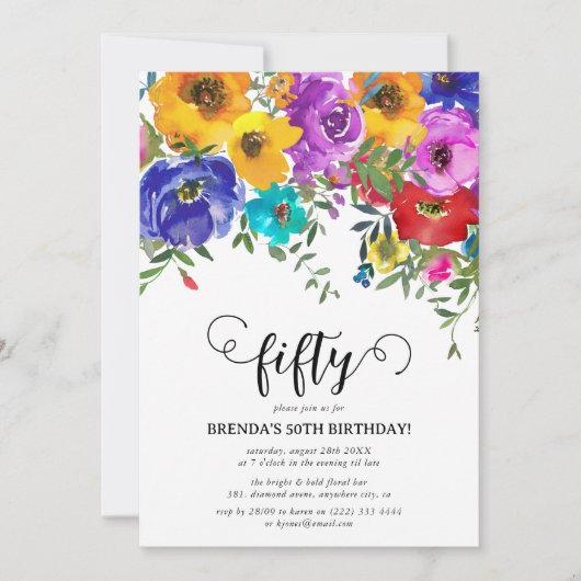 ブライト&はっきりした花模様50誕生日 招待状 (正面)