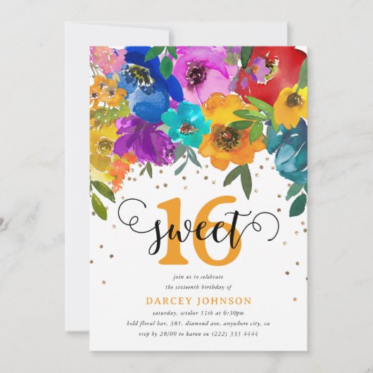 ブライト&はっきりした花模様Sweet sixteen16誕生日 招待状 (正面)