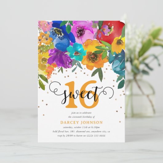 ブライト&はっきりした花模様Sweet sixteen16誕生日 招待状 (スタンド正面)