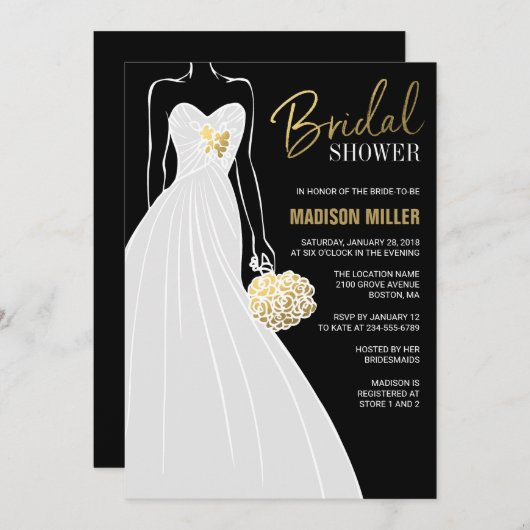 ブライドエレガントブラックゴールドフォイルブライダルシャワー 招待状 (正面/裏面)