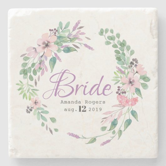 ブライドタイポグラフィカラフルスペルバウンドフローラリース ストーンコースター (正面)