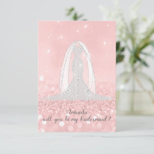 ブライドメイドグリッターグレードレスピンクベール 招待状 (スタンド正面)