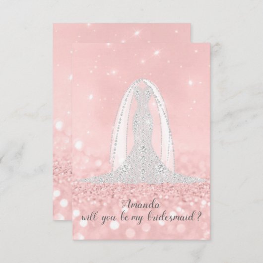 ブライドメイドグリッターグレードレスピンクベール 招待状 (正面/裏面)