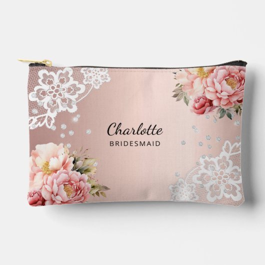 ブライドメイドバラ金ゴールド花模様レース アクセサリーポーチ (正面)