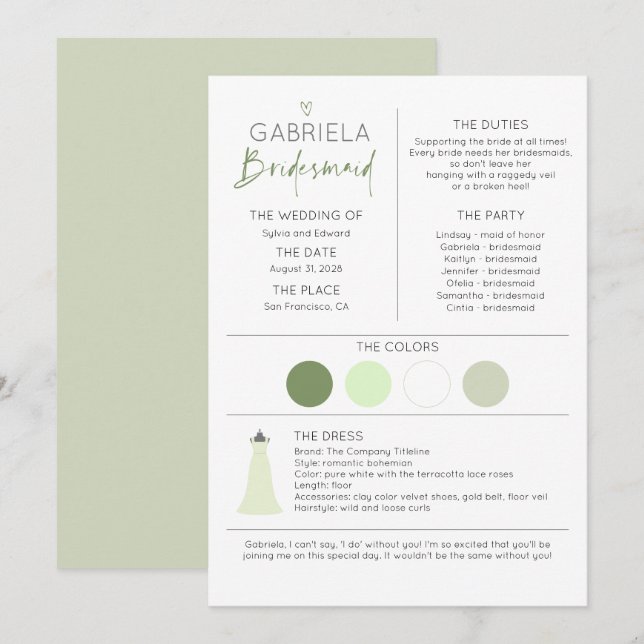 ブライドメイド情報とプロポーザルのカードテンプレート (正面/裏面)