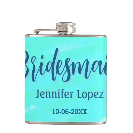 ブライドメイド青い緑の水色の名前の日付のstyを追加 フラスク (正面)