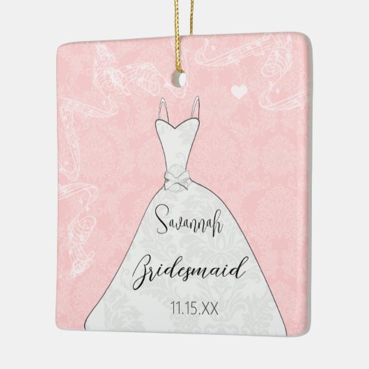 ブライドメイ結婚ドのオーナメントドレスピンクダマスク セラミックオーナメント (左)