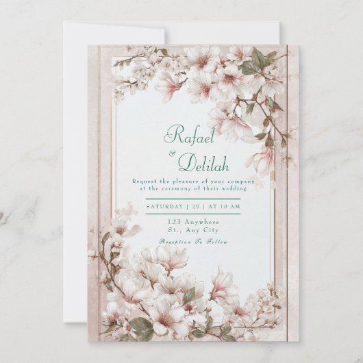ブライドルピンクの桜とゴールドフレームの結婚式 招待状 (正面)