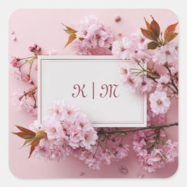 ブライドルピンクの桜のバラゴールドフレームの結婚式 スクエアシール