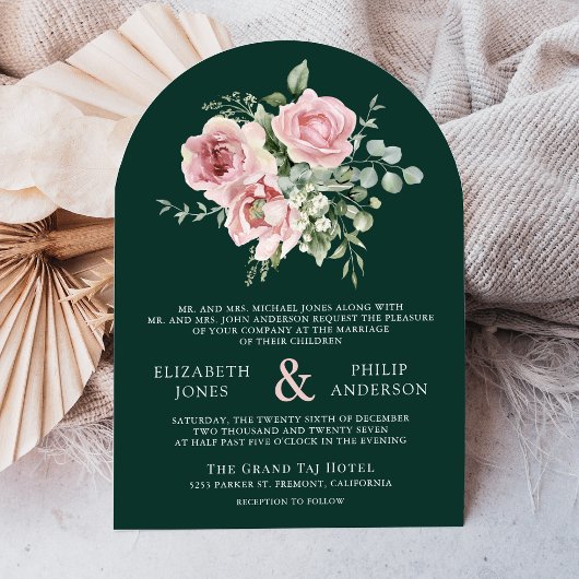 ブライドルピンクの花とユーカリのエメラルドグリーンの結婚式 招待状