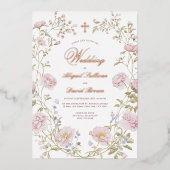 ブライドルフラワーフレーム宗教的な結婚式 箔招待状 (正面)