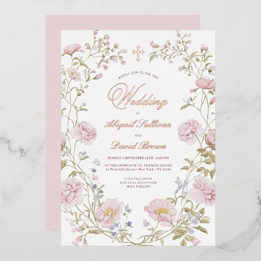 ブライドルフラワーフレーム宗教的な結婚式 箔招待状 (正面/裏面)