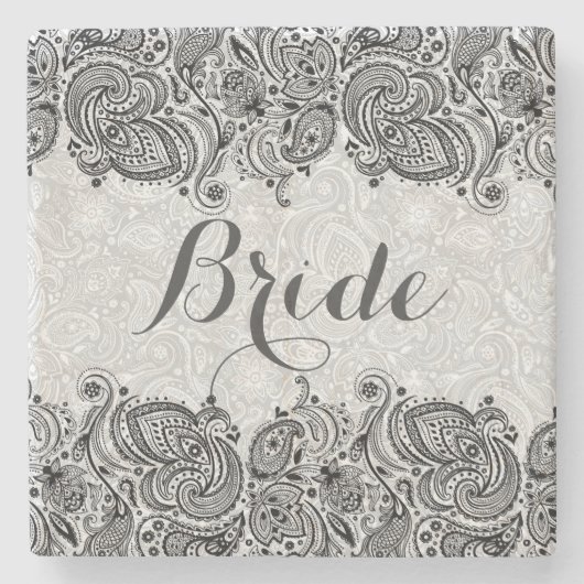 ブライド文字ホワイトペイズリー&ブラックレース ストーンコースター (正面)