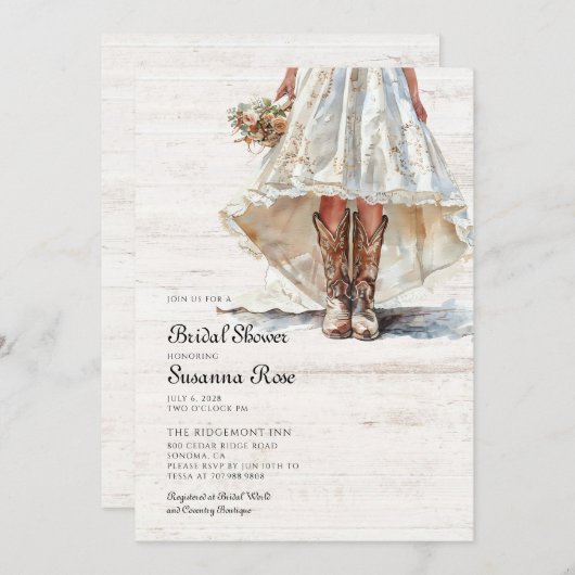 ブライド結婚インズドレス女性のカーボーイブーツブライダルシャワー 招待状 (正面/裏面)