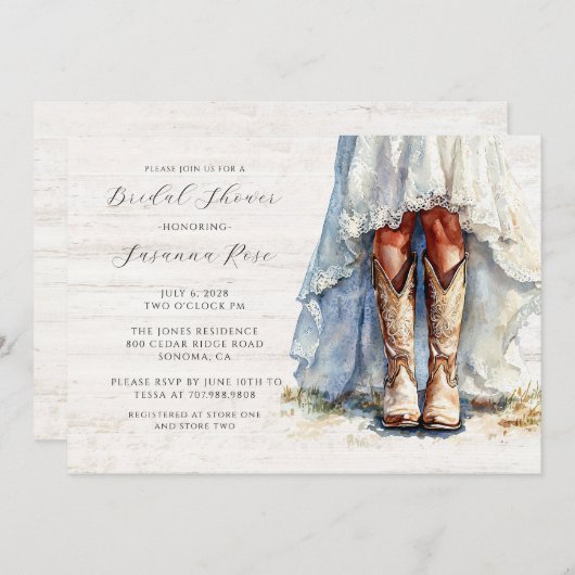 ブライド結婚ズドレス女性のカーボーイブーツブライダルシャワー 招待状 (正面/裏面)