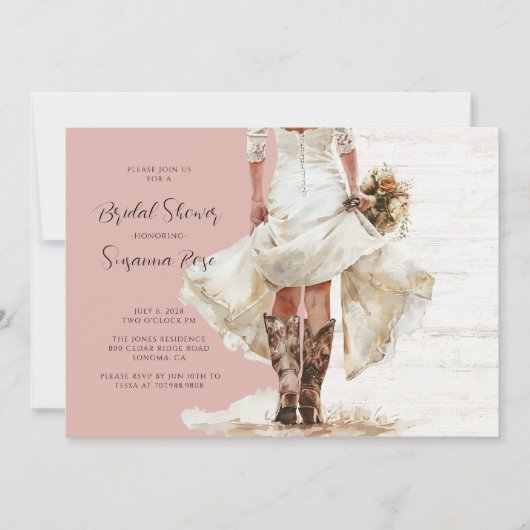 ブライド結婚ズドレス女性のカーボーイブーツブライダルシャワー 招待状 (正面)