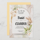 ブラウアンとクリーム花の水の結婚色の セーブザデート (正面/裏面)