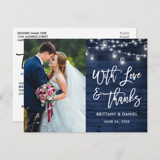 ブラウシュリフトブルーウッドライトラブサンクスウェディング ポストカード (正面/裏面)