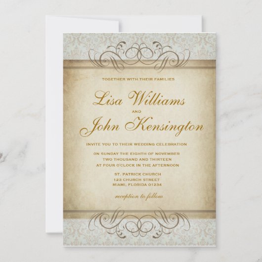 ブラウニー風ヴィンテージダマスクウェディング招待状 招待状 (正面)