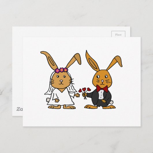ブラウンおもしろいラビットの新郎新婦結婚の漫画 ポストカード (正面/裏面)