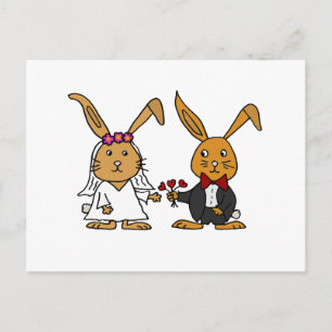 ブラウンおもしろいラビットの新郎新婦結婚の漫画 ポストカード