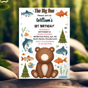 ブラウンおもしろい魚の男の子かわいいベビークマの最初の誕生日 招待状