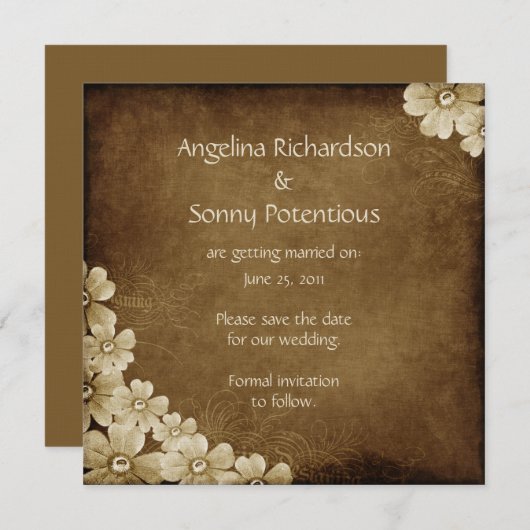 ブラウンおよびアイボリーの花柄は日付を救います セーブザデート (正面/裏面)