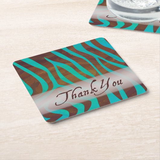 ブラウンおよびティール(緑がかった色)のシマウマパターンは感謝していしています スクエアペーパーコースター (アングル)