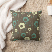 ブラウンおよびティール(緑がかった色)の花柄の枕 クッション (ブランケット)