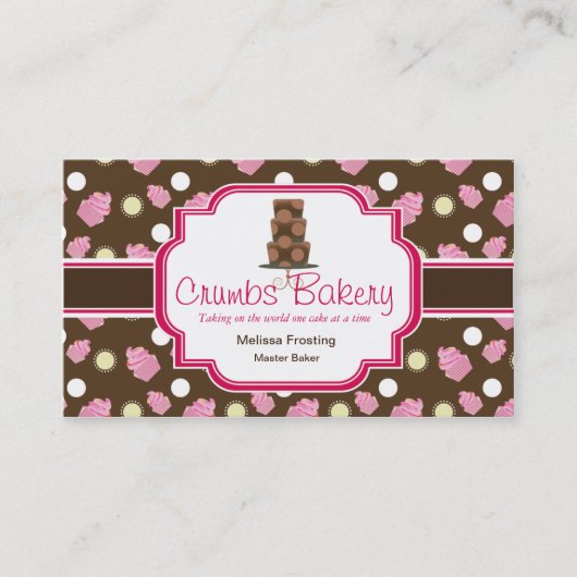 ブラウンおよびピンクのかわいいケーキのベーカリーの名刺 名刺 (正面)