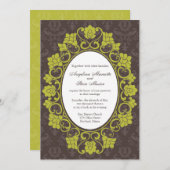 ブラウンおよび淡黄緑の花のダマスク織の結婚式の招待 招待状 (正面/裏面)
