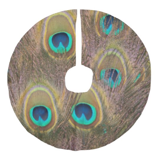 ブラウンおよび金ゴールドの孔雀 フェイクリネンツリースカート (正面)