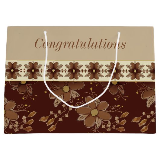 ブラウンおよび金ゴールドフローラ ラージペーパーバッグ (正面)