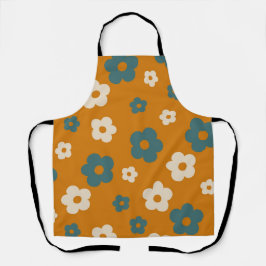 ブラウンお洒落&ブルーフローラレトロ、明るい エプロン