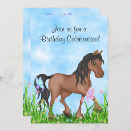 ブラウンかわいらしウマと蝶誕生日 招待状