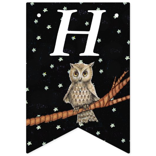 ブラウンかわいらし誕生日フクロウオンブランチネックレススターズ バンティングフラッグ (第1の旗)