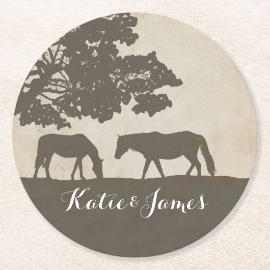 ブラウンとアイボリーヴィンテージホースファーム結婚ズ ラウンドペーパーコースター (正面)