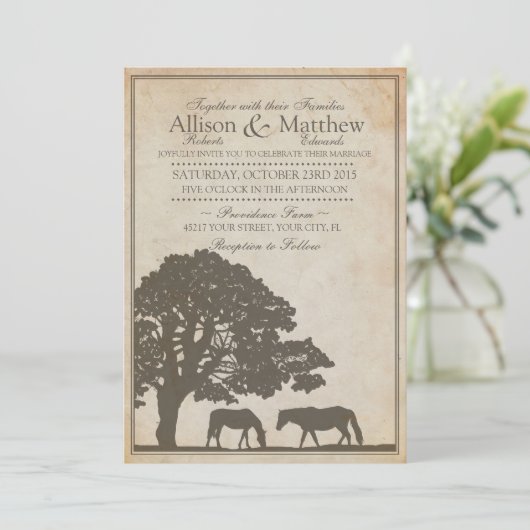 ブラウンとアイボリーヴィンテージホースファーム結婚ズ 招待状 (スタンド正面)