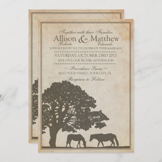 ブラウンとアイボリーヴィンテージホースファーム結婚ズ 招待状 (正面/裏面)