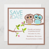 ブラウンとアクアフクロウの結婚式の日付を保存 招待状 (正面/裏面)