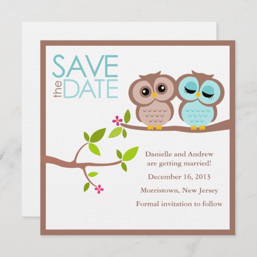 ブラウンとアクアフクロウの結婚式の日付を保存 招待状 (正面/裏面)