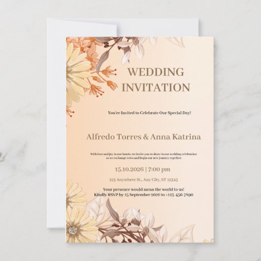 ブラウンとオレンジの水の色の例示的結婚な 招待状 (正面)