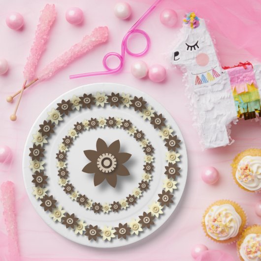 ブラウンとクリームのフローラ ペーパープレート (パーティー)