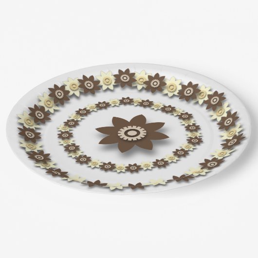 ブラウンとクリームのフローラ ペーパープレート (アングル)