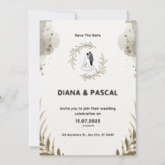 ブラウンとクリームの水カラー結婚式招待状 招待状 (正面)