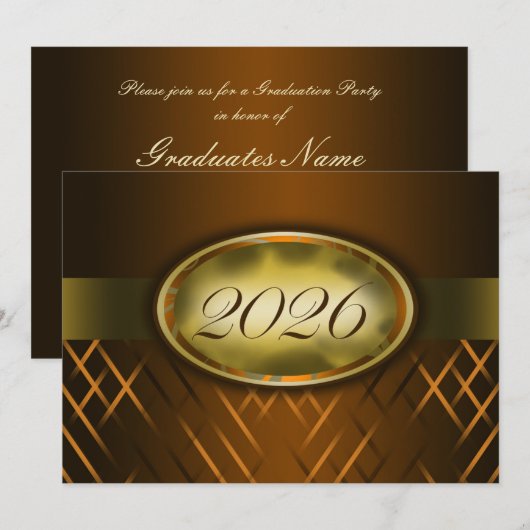 ブラウンとゴールドのクラスオブ2026パーティー 招待状 (正面/裏面)